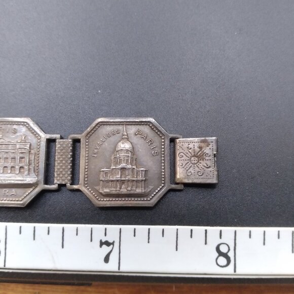 Vintage Silver Tone Paris Metal Enamel Link Panel Bracelet Souvenir  8” - Picture 7 of 8